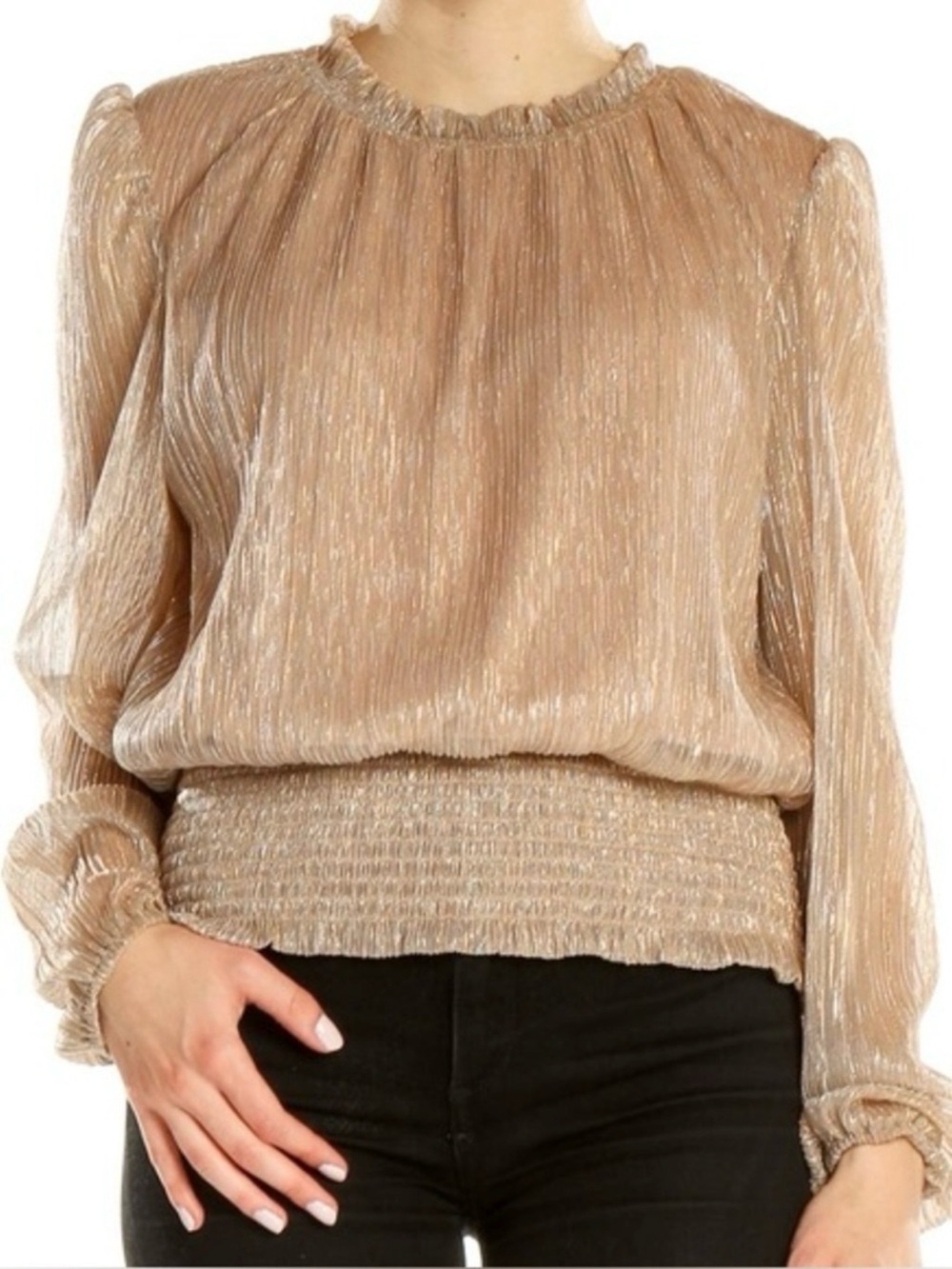 Joie Gold Metallic Pleated Blouse Smocked Women Size M Long Sleeve High Neck Top